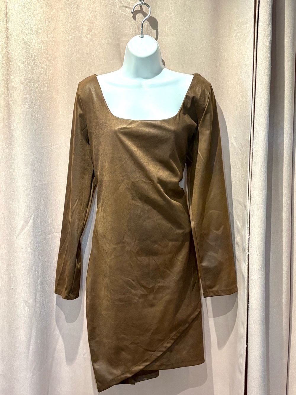 Asymmetric Long-Sleeve Square Neck Dress in Brown